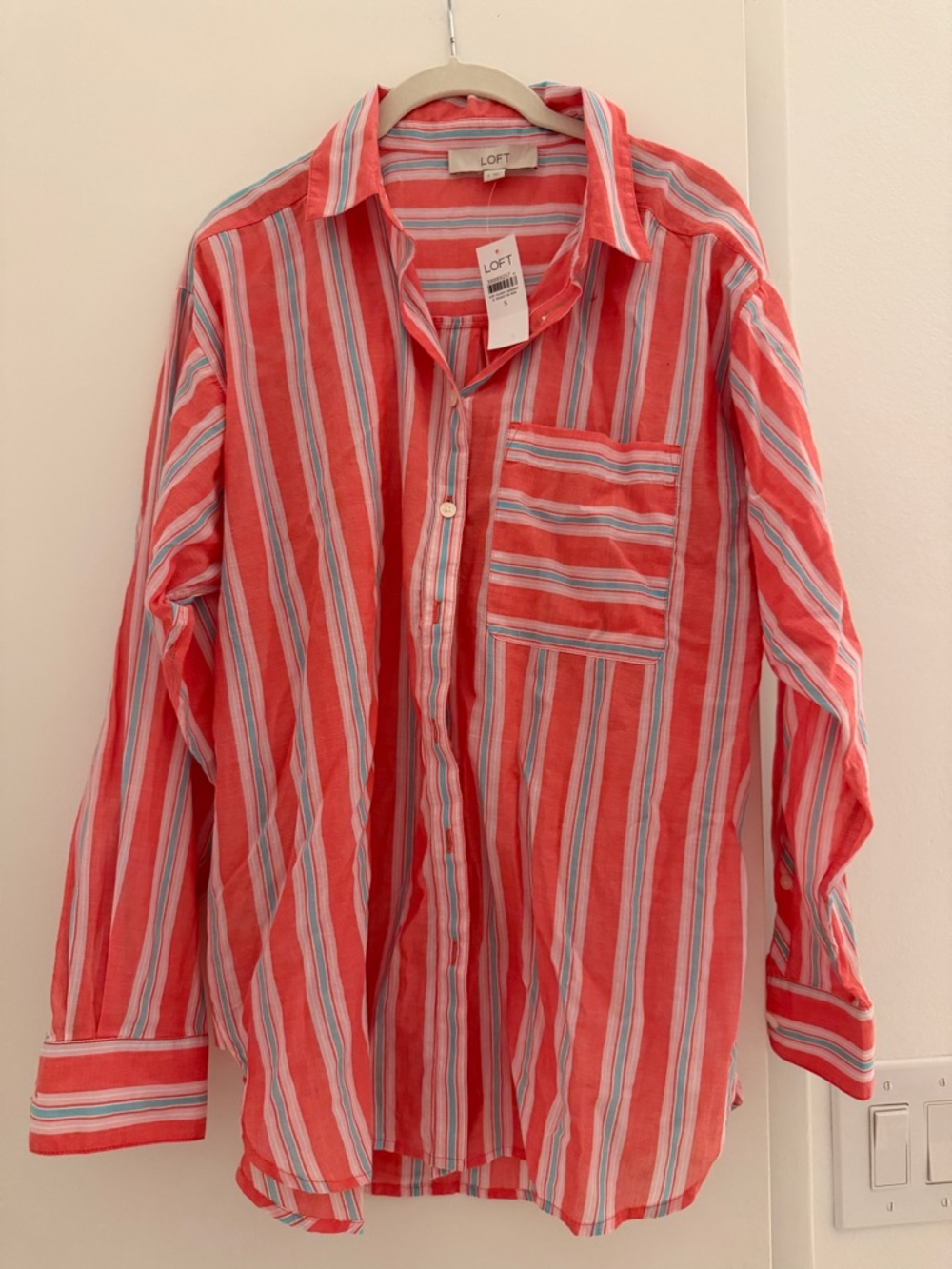 LOFT Coral and White Striped Lightweight Button Shirt with Teal Accent